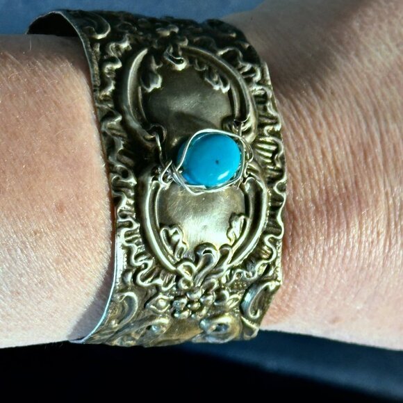 Antique Sterling Silver Cuff Bracelet Sleeping Beauty Turquoise 925 Victorian - Picture 2 of 12